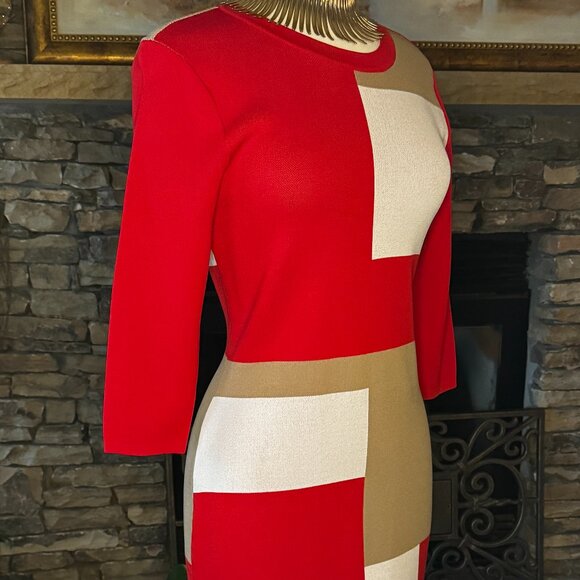 New York & Co. sweater dress with color block accents.  Red, Tan and white. Med - Picture 5 of 7